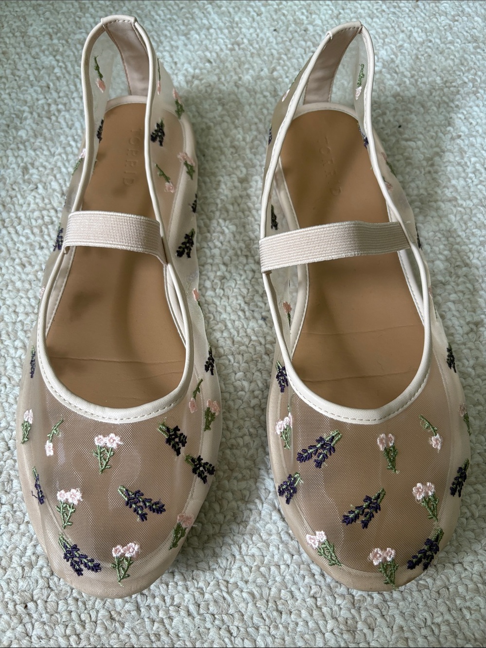 Floral Embroidered Mesh Slingback Flats - Beige